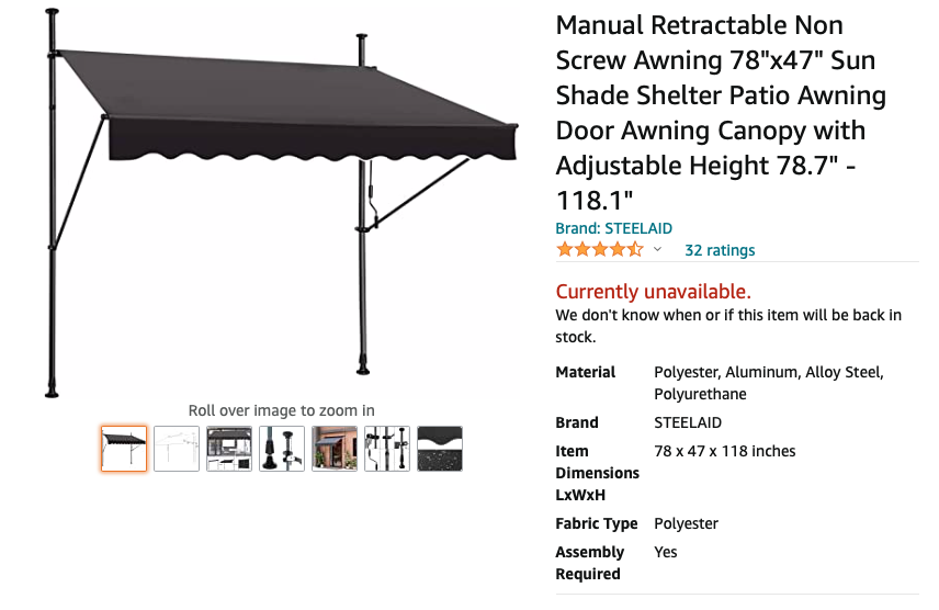 This awning is the right size, decently-made, quite inexpensive…and apparently out of stock