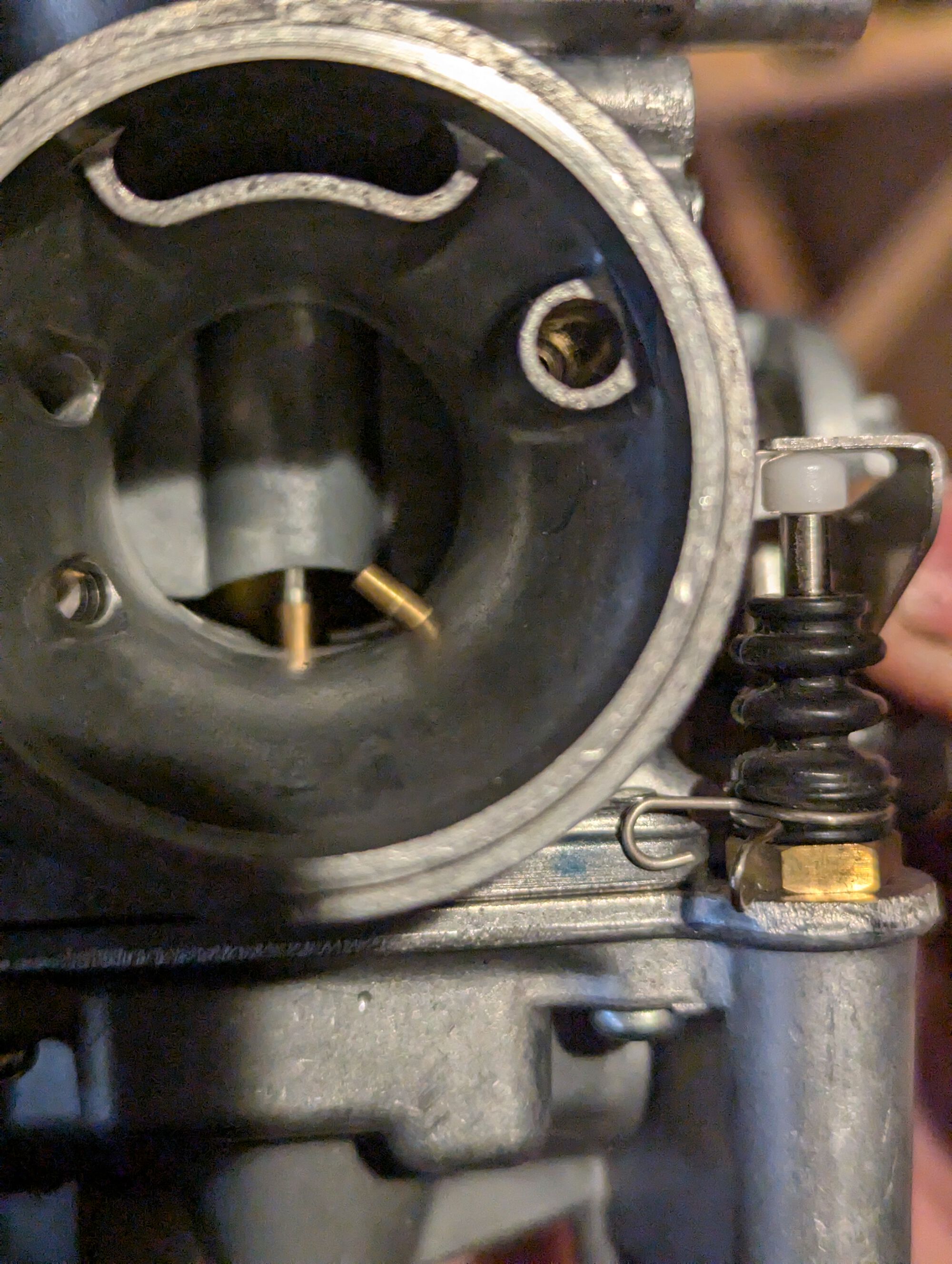 Accelerator pump nozzle is the small angled tube in the venturi.