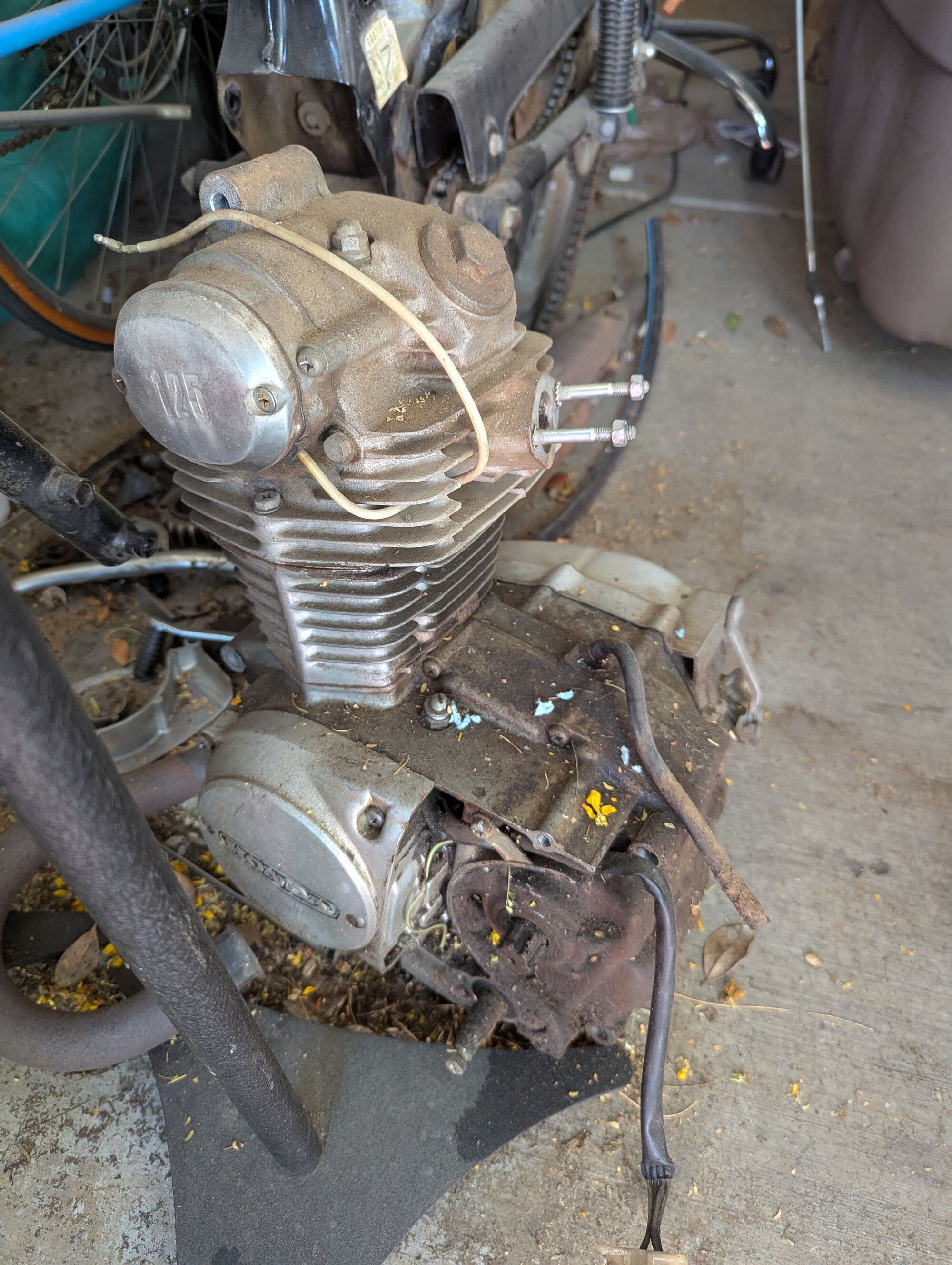 CL engine. No spark, leaks more than your average sieve. Clean as a whistle inside the cases. So, fix leaks and spark, reinstall in chassis.