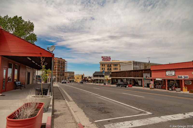Looking west down Main Street.  The Mizpah Hotel sign marks the famously haunted building!