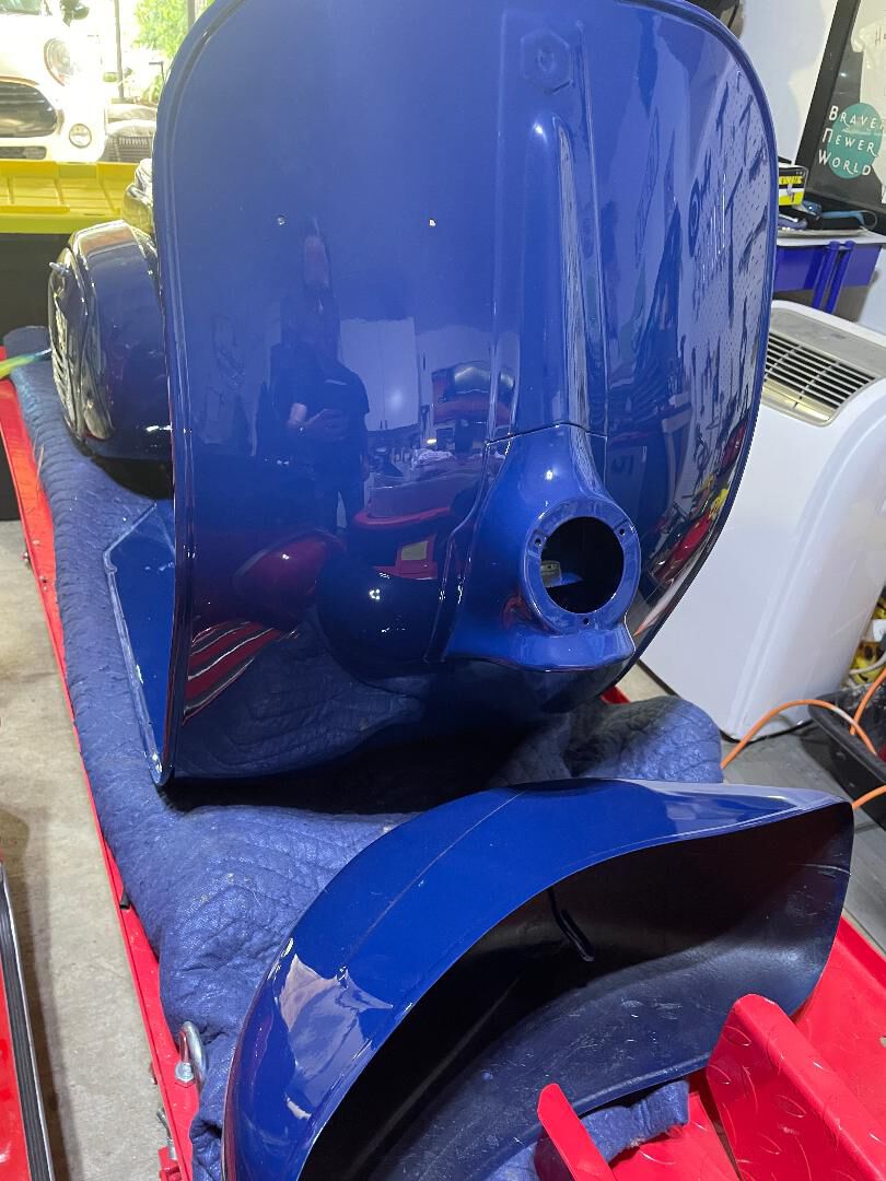 Back from paint. Single stage ET3 blue.  Ready to be scratched with the trim install!