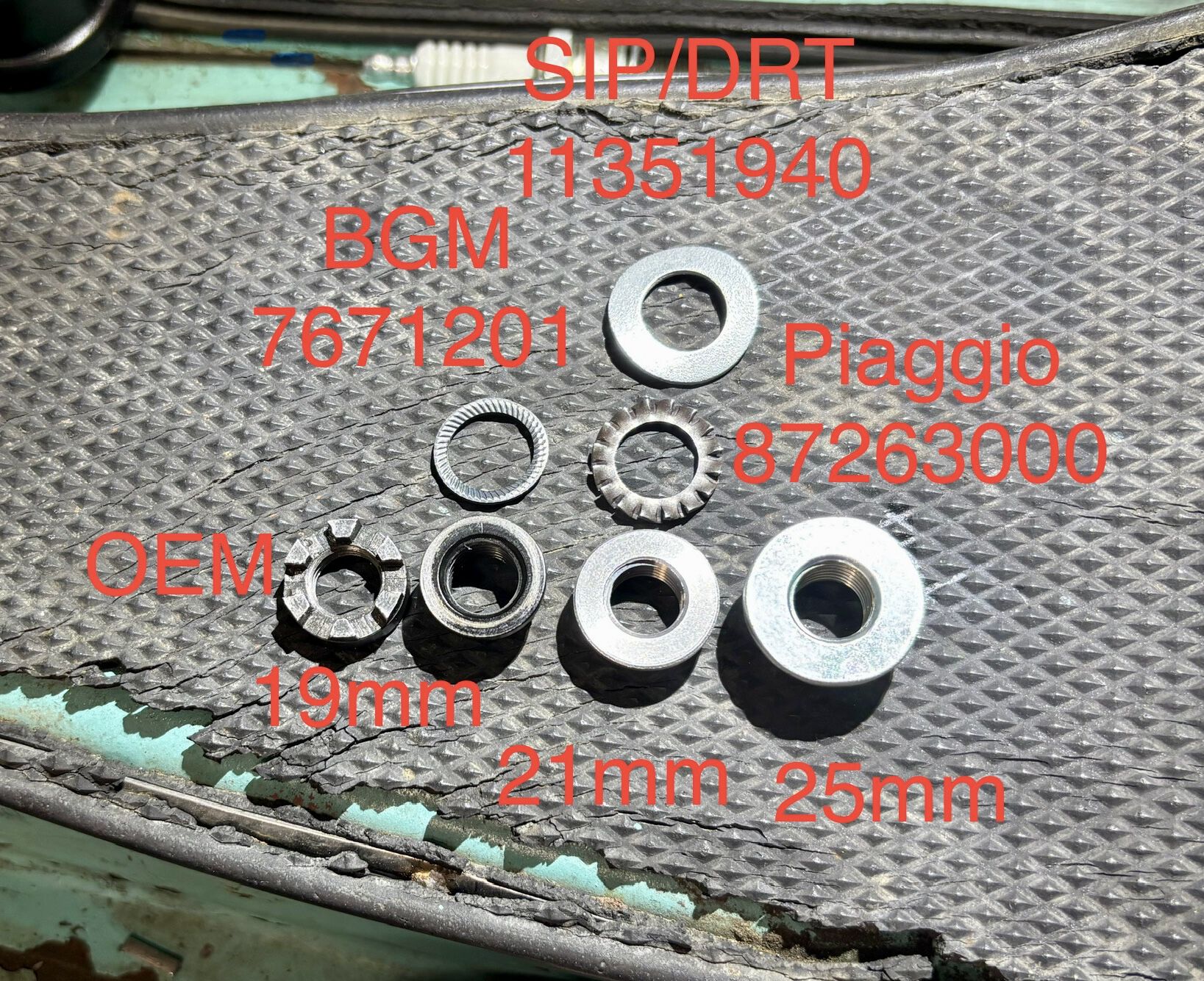 Side by side of OEM, BGM, DRT, and Cosa 2 nuts. Cosa 2 will not work for typical 6/7 spring clutches. Just threw it in there for comparison.