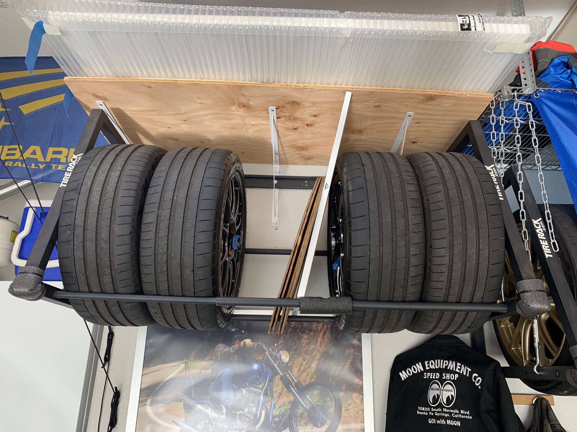 Summers are stored up on a rack out of the way