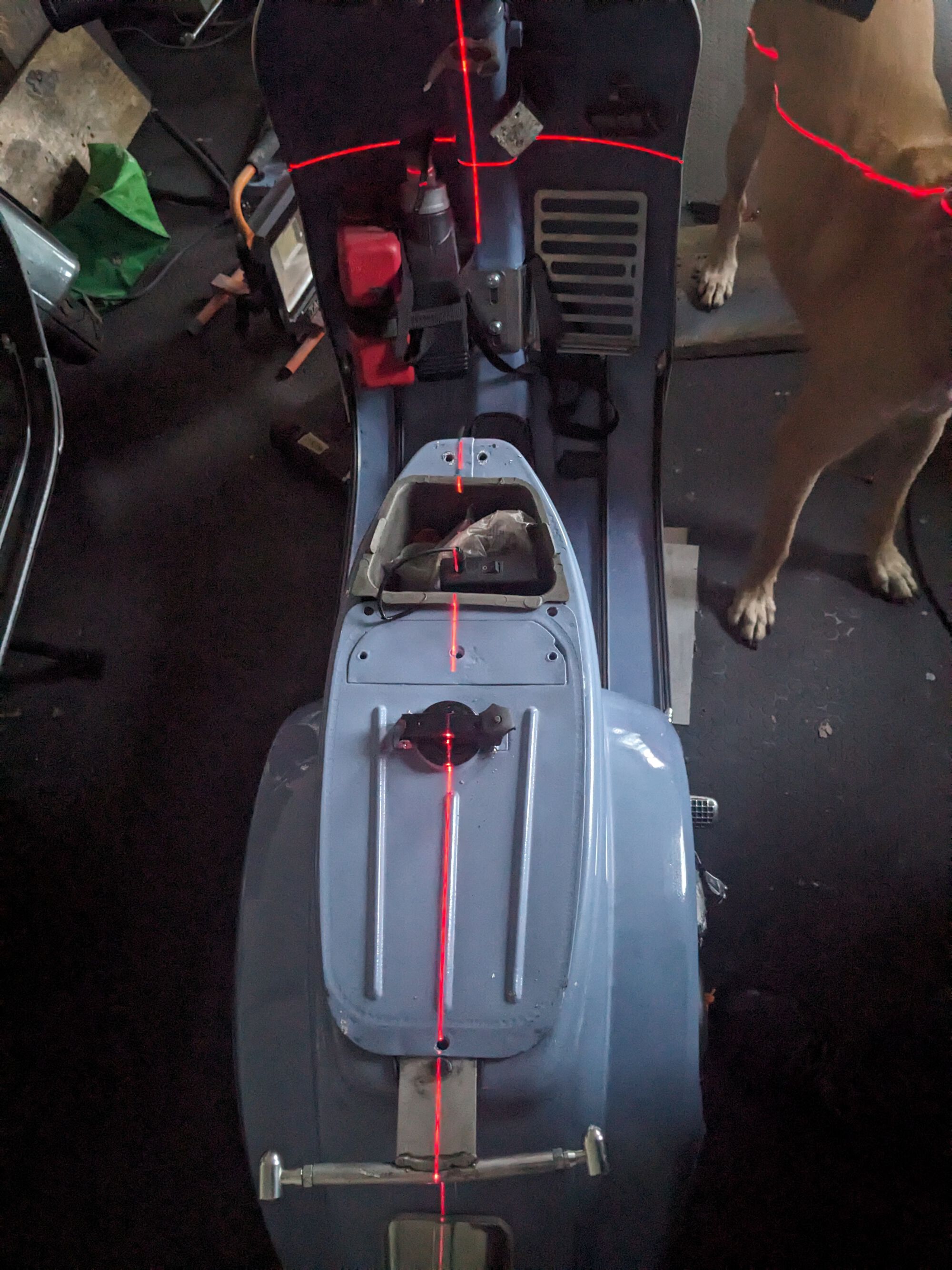 The laser is off in the picture, but the frame is straight.  The dog is also straight.