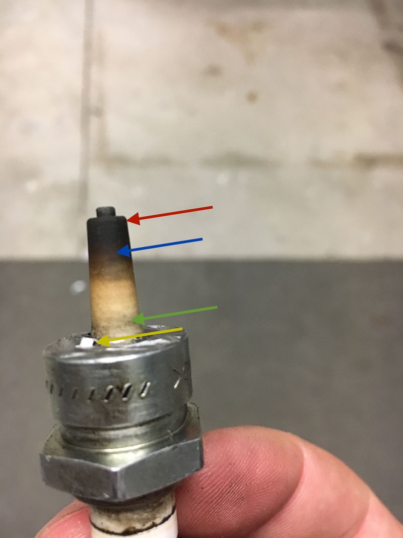 Old extended tip plug.  Red - looks carbonized - but remember - this was poking way out of threads.  Blue arrow is pointed at area that was where threads ended.  Green is theoretical gray ring.  Yellow highlights questionable dremel work