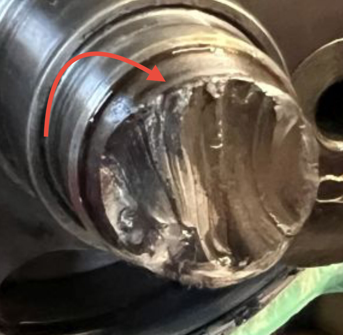 There are whiteness lines right where the flywheel ID stops. This is a high load concentration area as the shoulder of the flywheel can "pinch" the crank if there is wobble.