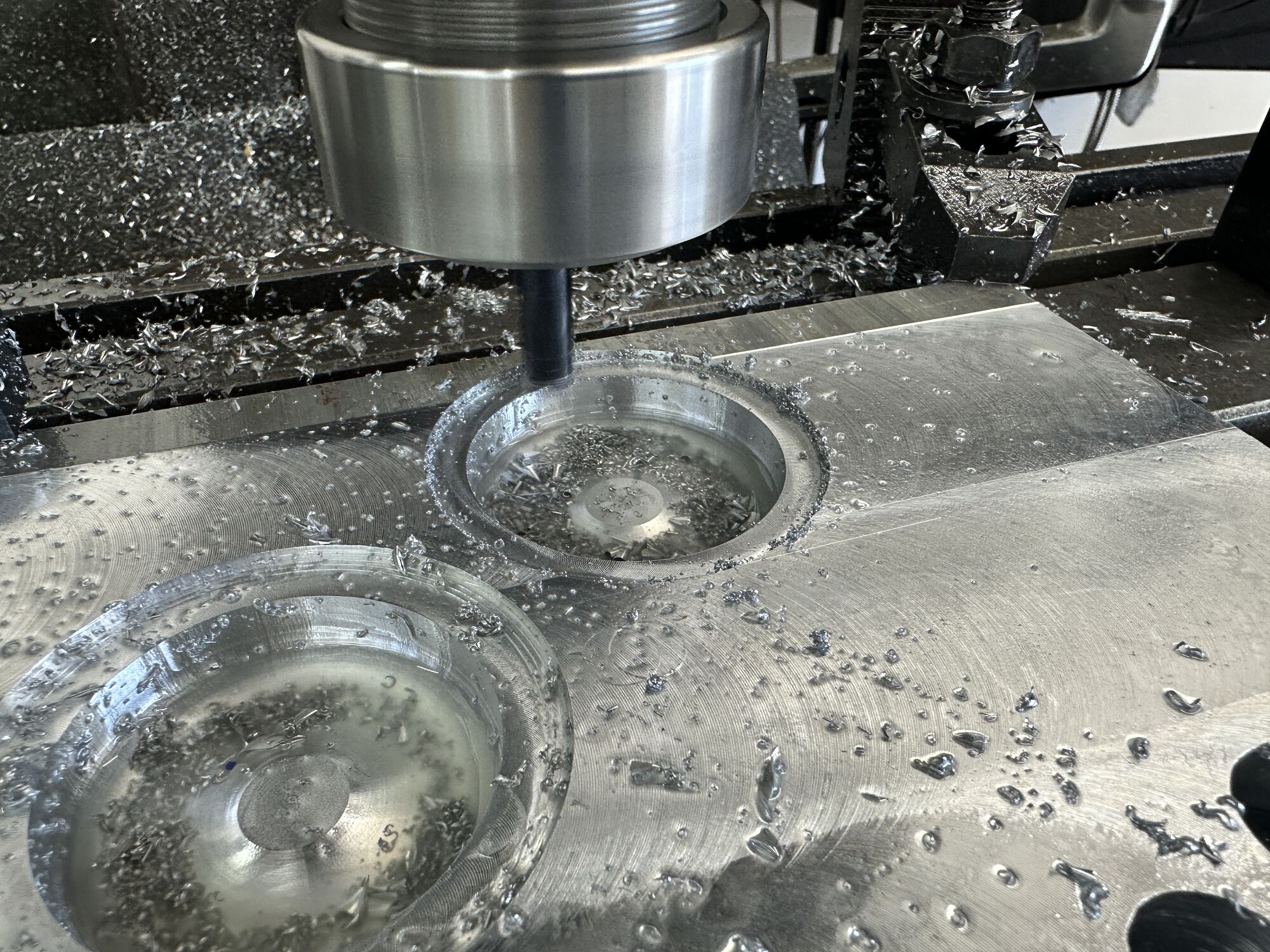 Cavity cut in half the time with larger transitions between passes.  Here I am cutting the squish with very fine passes.