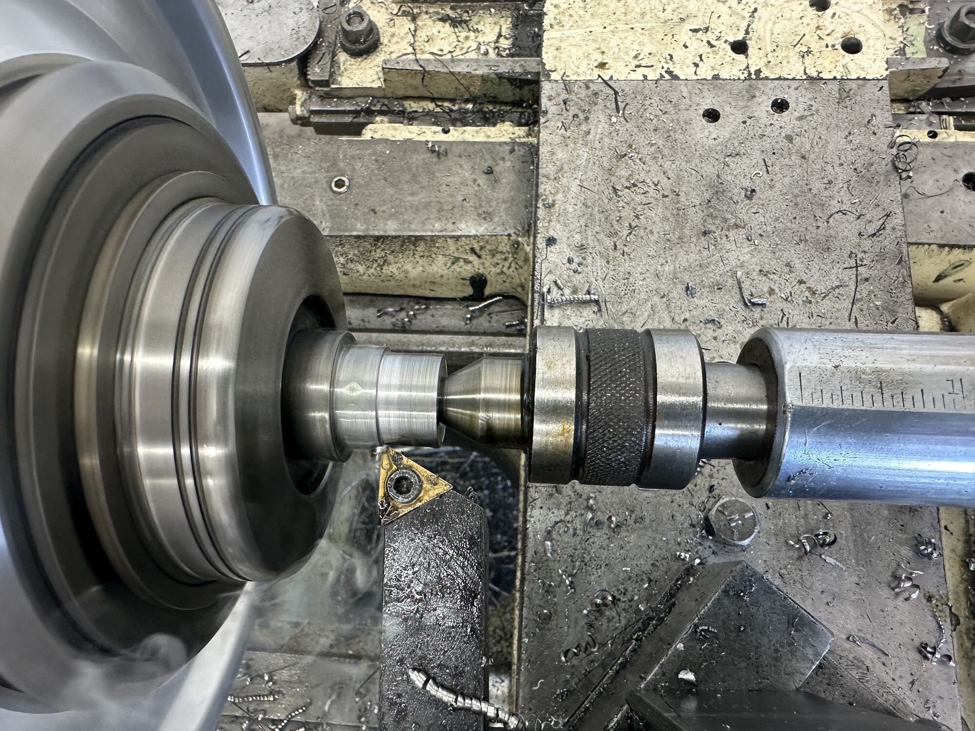 I was getting some flex even on this short piece - likely due to my holding method - so I brought the tailstocl forward and " turned between centers"