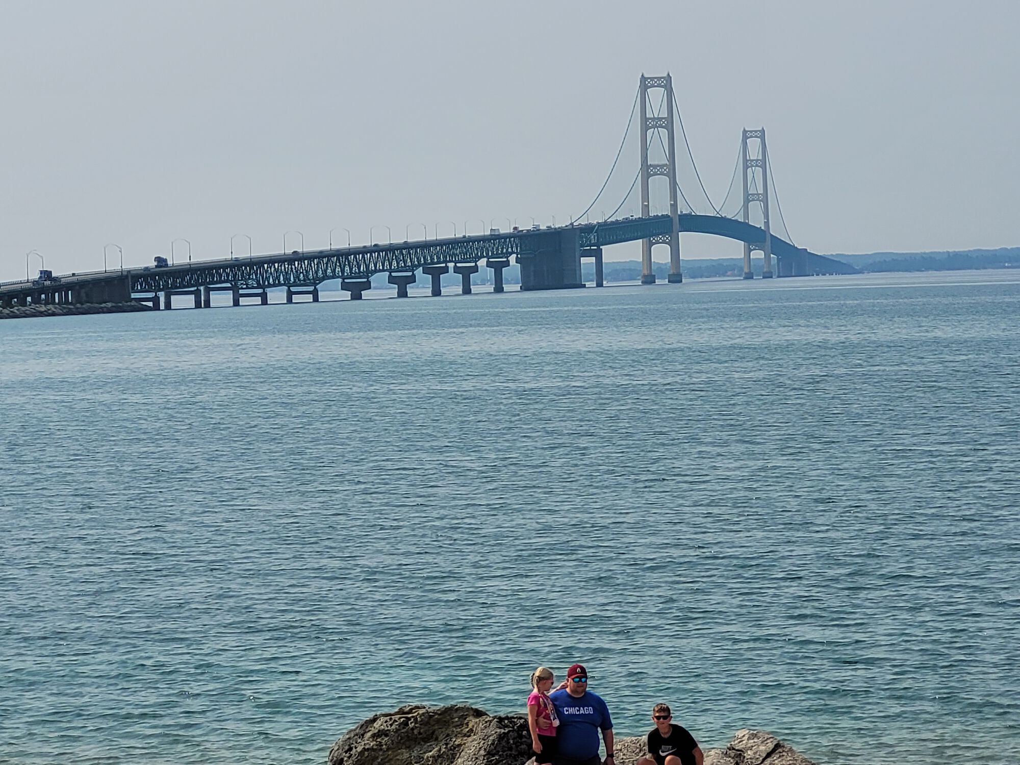 The mighty Mac. A bit of trivia:
On April 24, 1959, Captain John Stanley Lappo, a 12-year Air Force veteran from Muskegon, Michigan, flew a U.S. Air Force RB-47E Stratojet reconnaissance aircraft under the Mackinac Bridge.
