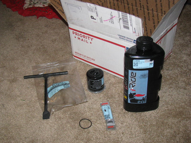 Oil filter (with wrench!), spark plug, oil and O-ring....good to go!