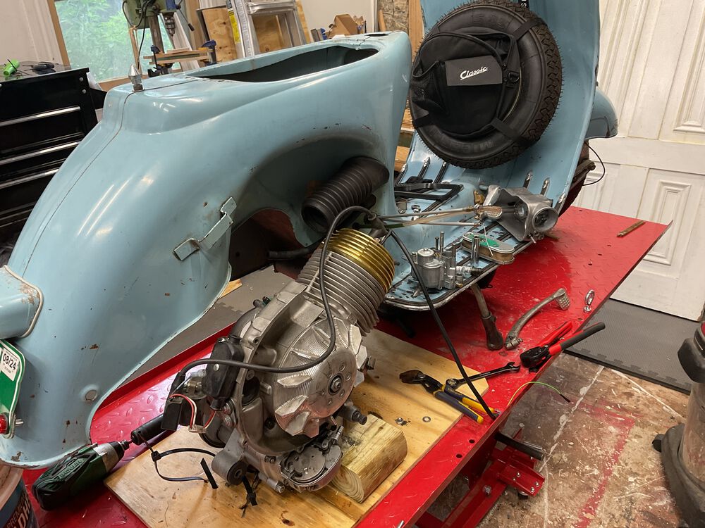 In she goes. Always helpful to remember the carb box needs to be off when you put the engine in… this time I remembered at least!
