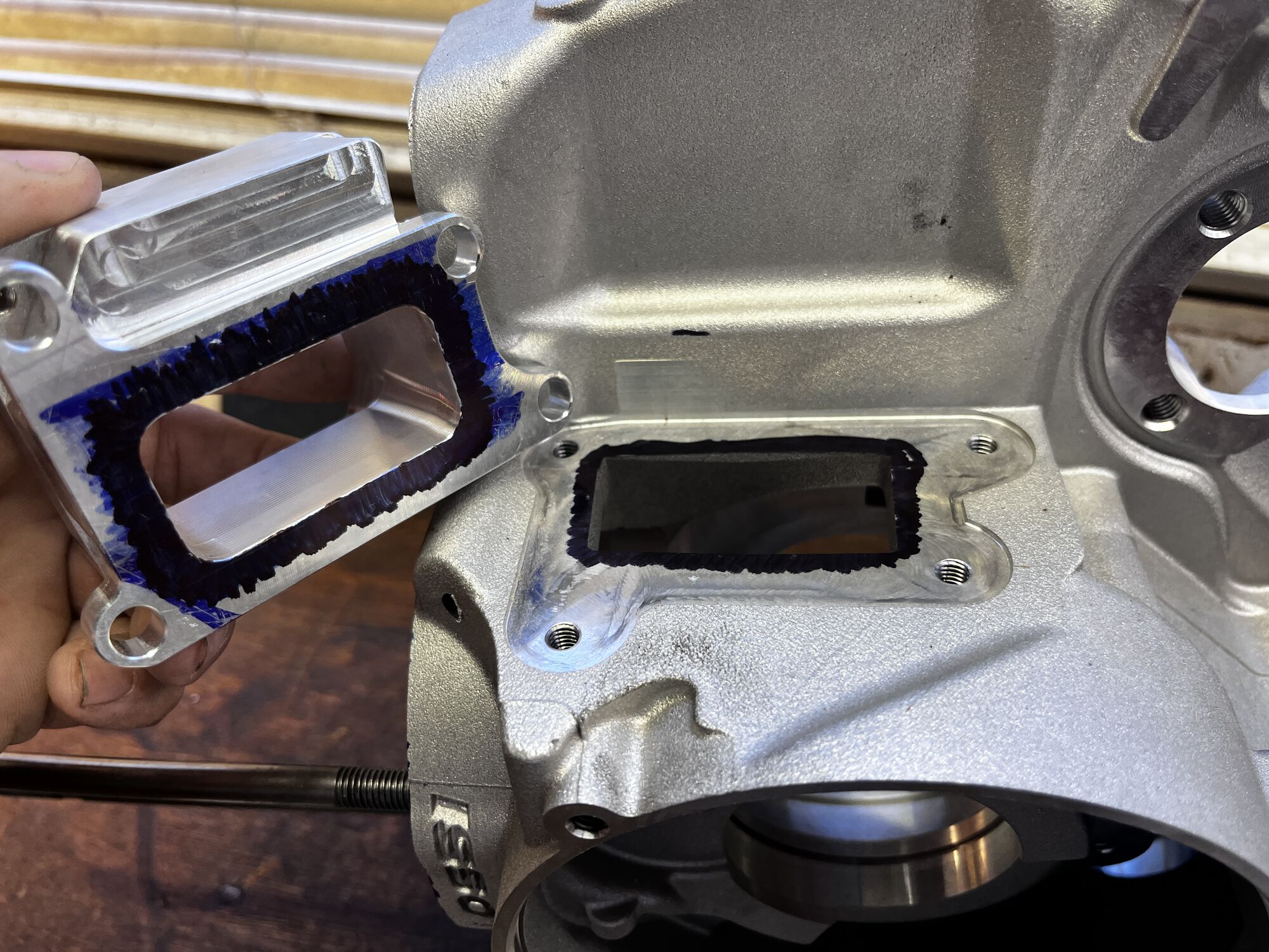 MRP reed intake manifold, marked and ready to match and open up just a bit