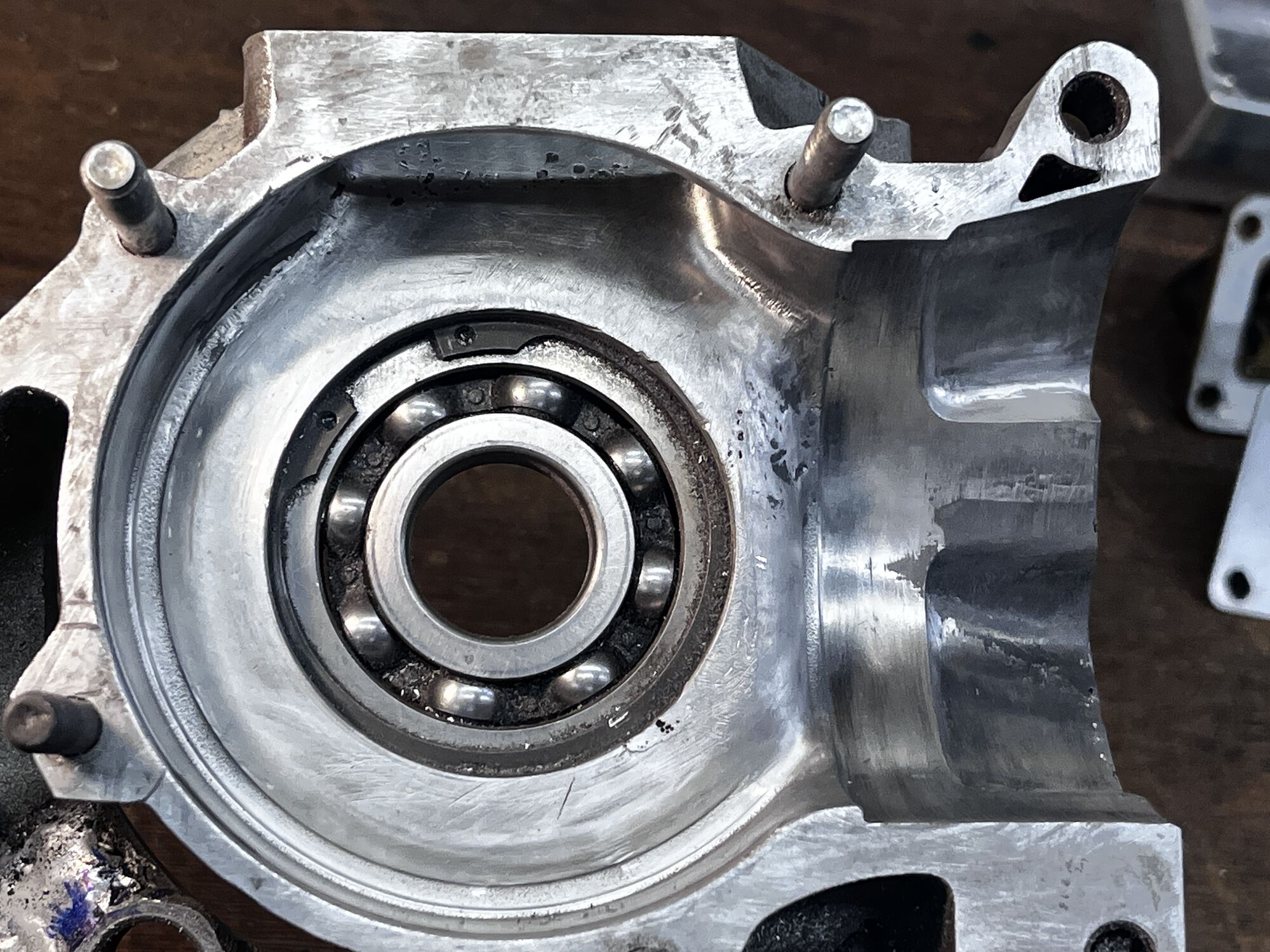 Clutch side case after lots of material moving. Notice a small amount of JB to fill slight mismatch between old port and new