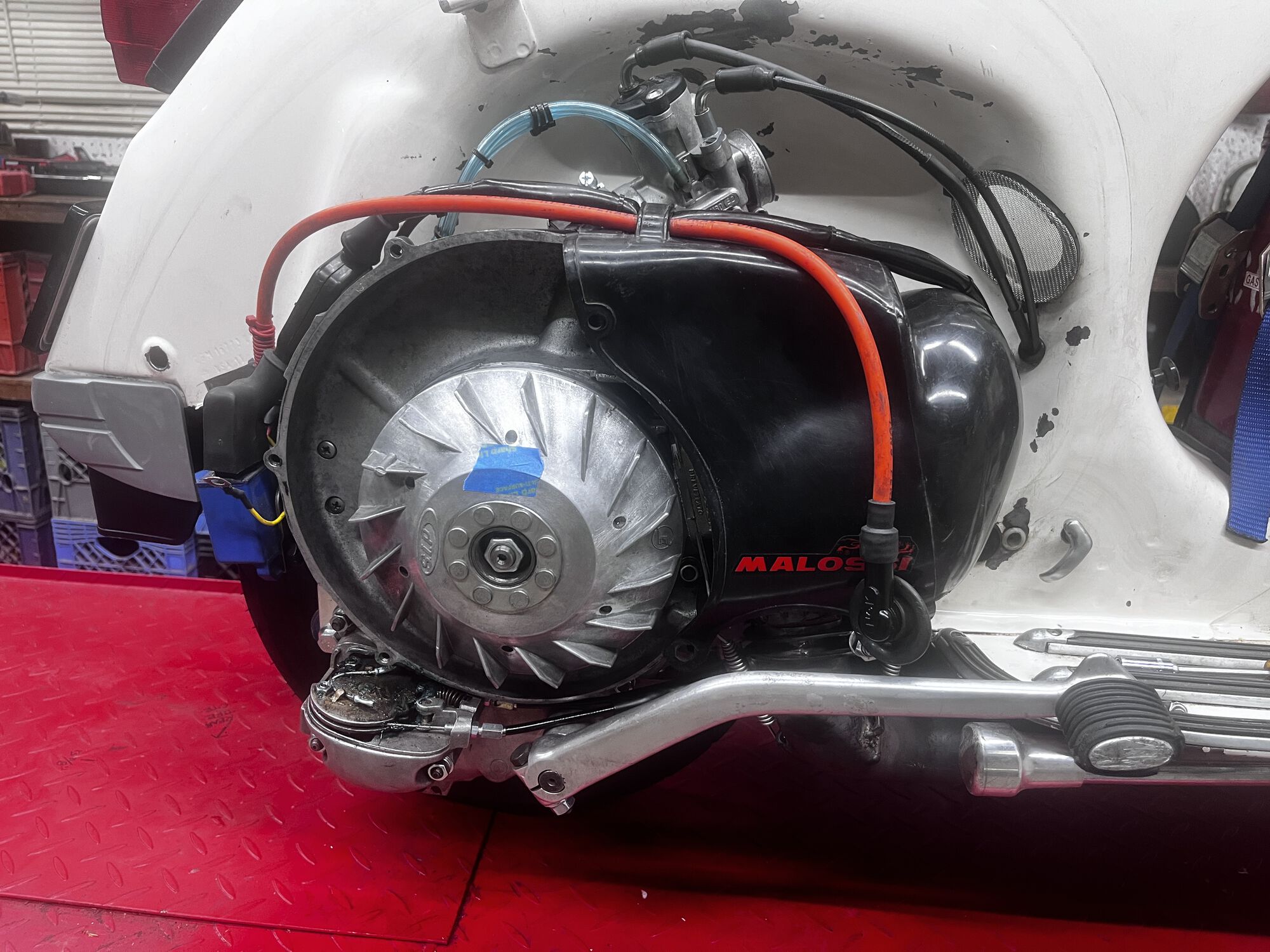 Thats just about a wrap! Blue tape as a marker for something to be done. It's a simple technique I use as a visual reminder while working on projects. Here it means: torque that flywheel nut!