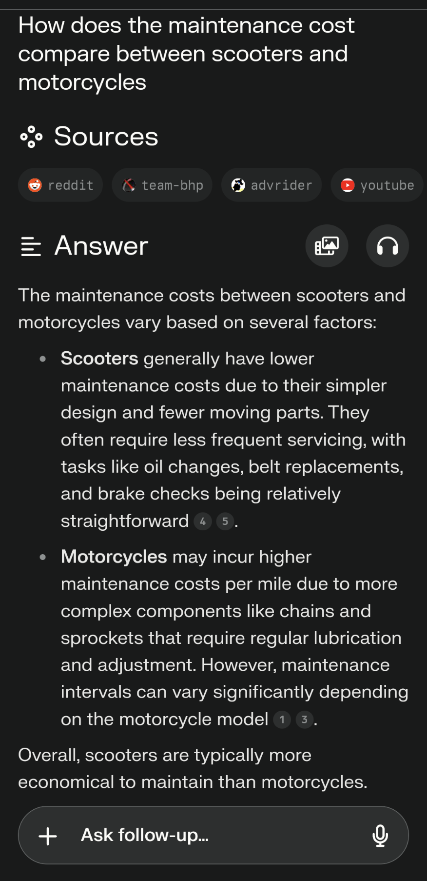 A screenshot of an AI query asking if scooters or motorcycles are more expensive to maintain.
