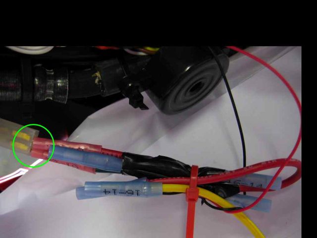 It's all bundled (and taped) together.  I later wrapped electricians tape around the "plugs" going into the connector (green circle), but I wanted you to see how it looked.  And then I zip tied the whole thing under the buzzer.