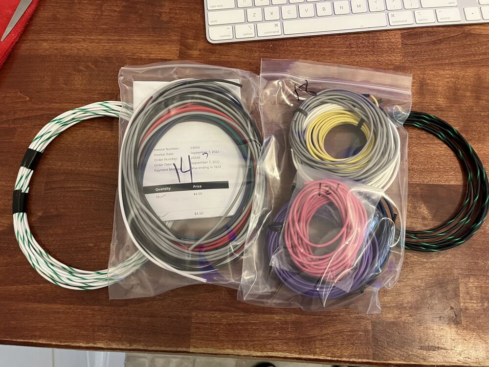 And I got all the wires. :) Found a place that sold all the colors but the striped ones by the foot. This is great, bc there were 17 different wires. Some are same color in two gauges.