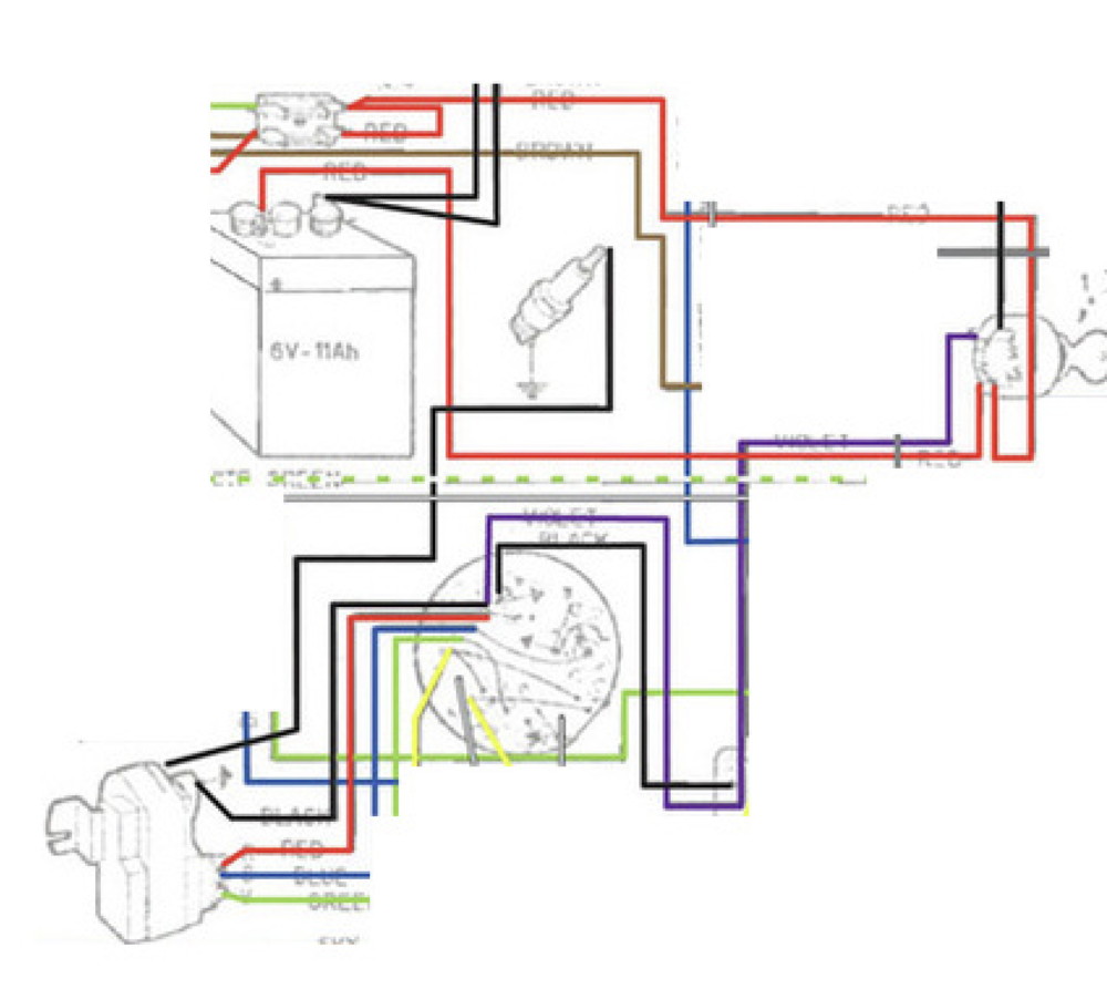 The red goes to the battery and fuse, purple goes to stator