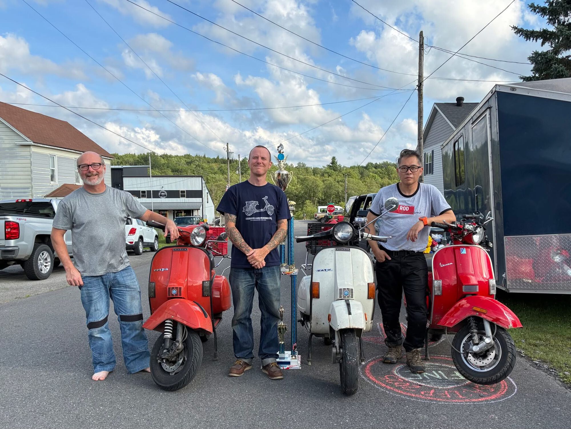 Myself center, Mike Heytens 2nd place, and Christophe 3rd. Some of you might know this, but Mike Heytens was who started the original scooter cannonball. He only does the corsa now as it's shorter and only for vintage scooters.