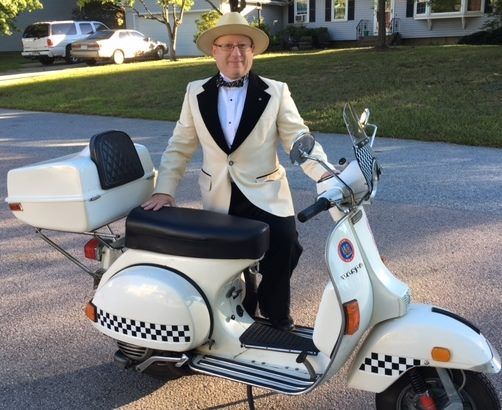 My white/gold brocade dinner jacket (velvet lapels), vintage bow tie, and yes, my scoot!