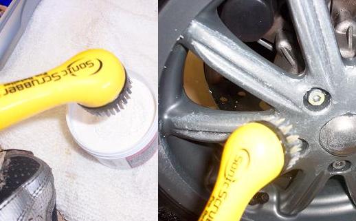 Using a lil powerscrubber(tho a tire brush would work)I rub in Mother's polish.  I buff out with powerball mini(not pictured, sorry).