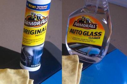 For glass and seat, I use Armor All. It has a bad wrap for seats, but I find it is wonderful if you cover your seat when you're not using it or garage it.