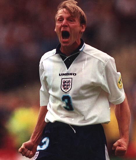 Stuart Pearce screams at crowd after scoring penalty for England against Spain during Euro ' 96. Legend.