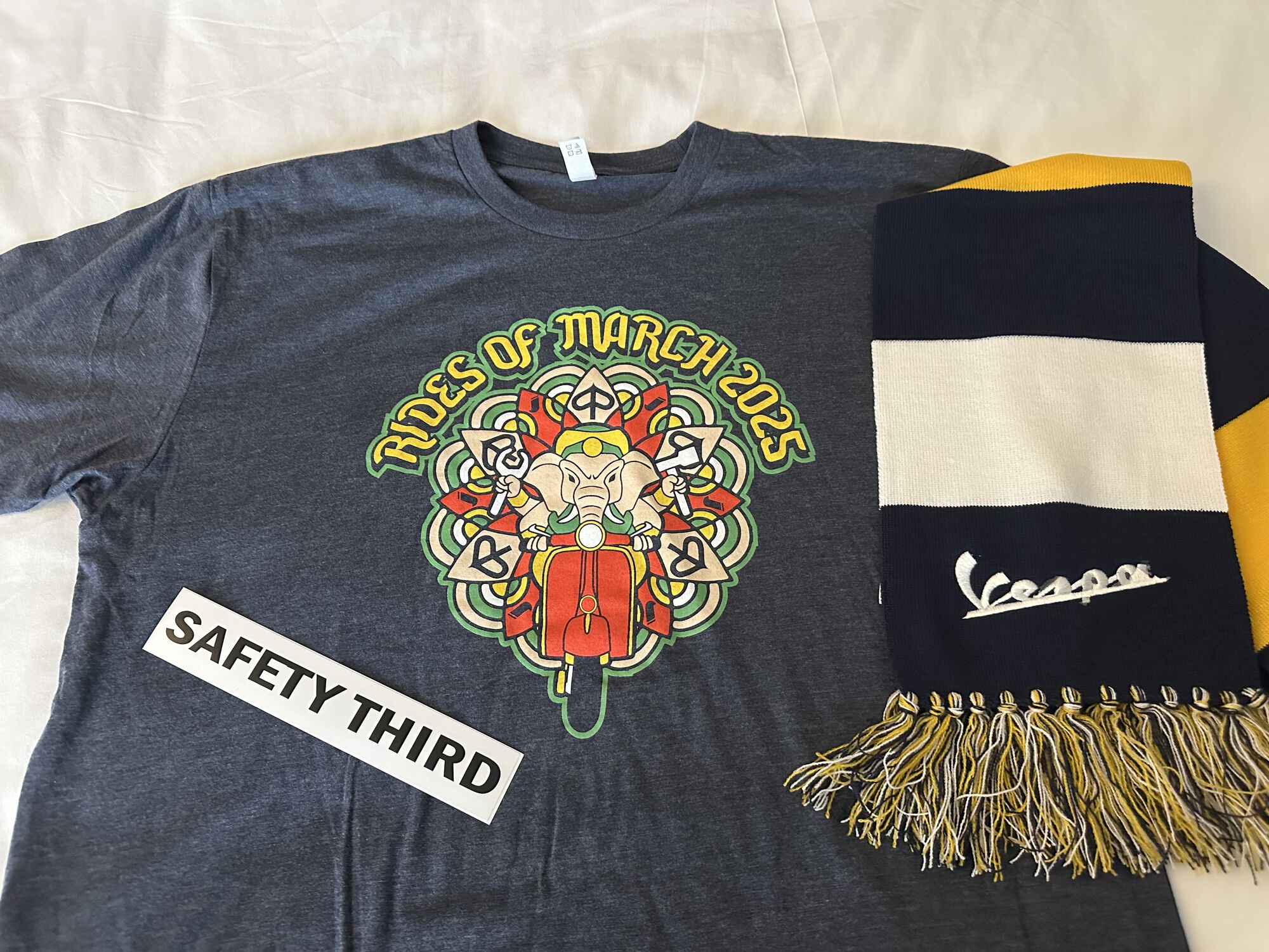 Event t-shirt, scarf from the merch stall and Safety Third sticker from FNG