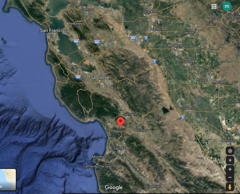 I'm where the red dot is, on the southern-most point of the Santa Cruz Mountains. For scale, Monterey Bay, to the left of the red dot, is about 30 miles across.