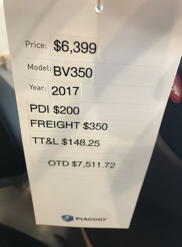 Vespa Dallas BV350 Price Tag