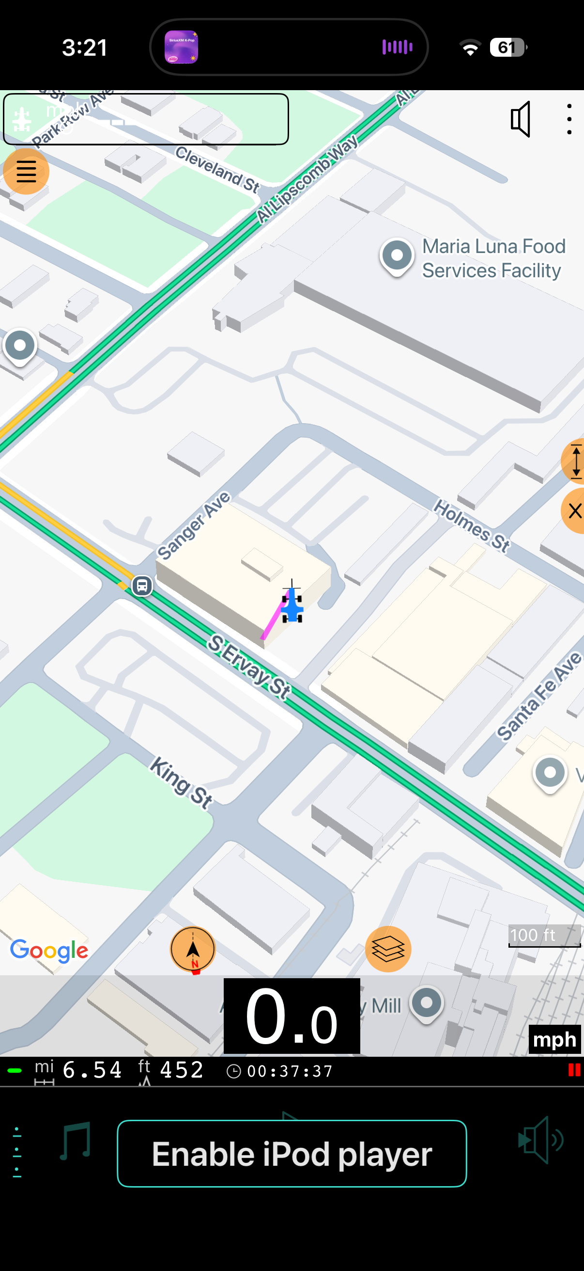 Screenshot of speedometer app view. The speed is at the bottom of the map. I'm currently sitting at my desk, hence the speed of 0.0 mph.