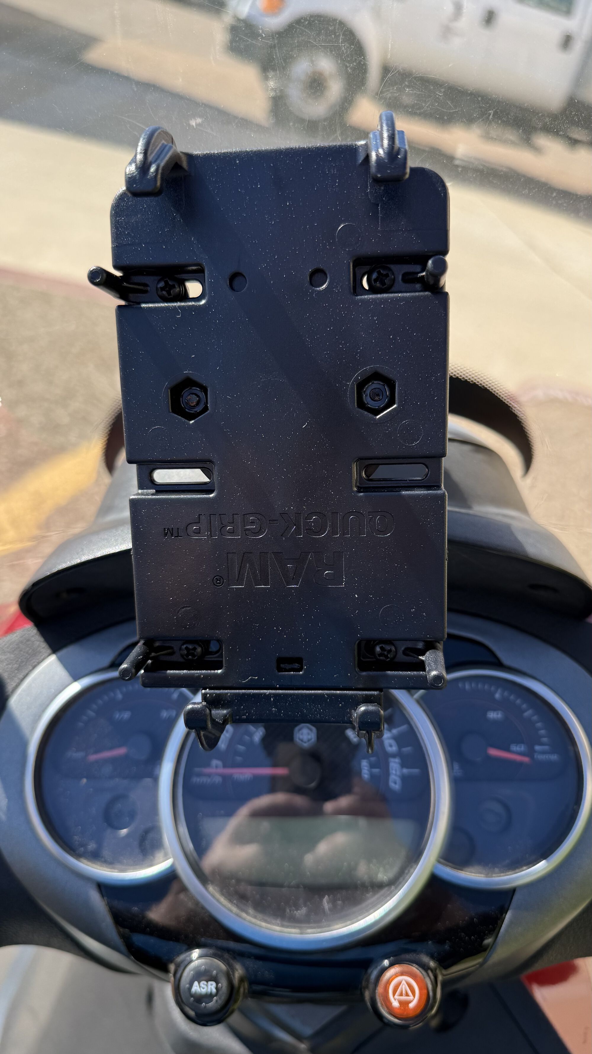 Current phone mount setup, view from riding position.