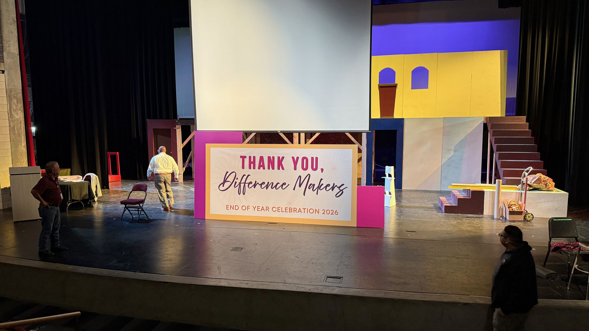 It took four of us just under 2 hours to put it together on the stage.