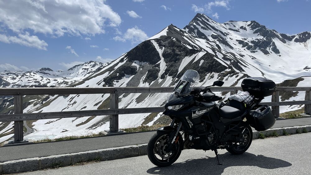 Kawasaki Versys 1000 on top of the Grossglockner Hochalpenstrasse in Austria.