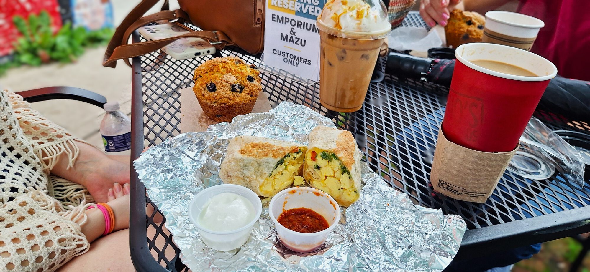 "Iced Caramelotto" and "Shot-in-the-Dark" from Dino's; "Highlander Grog", B.B. muffins and the famous Breakfast Burrito from the Dog. One of these all vegan things feeds two. Smoking hot-sauce and sour cream on the side.