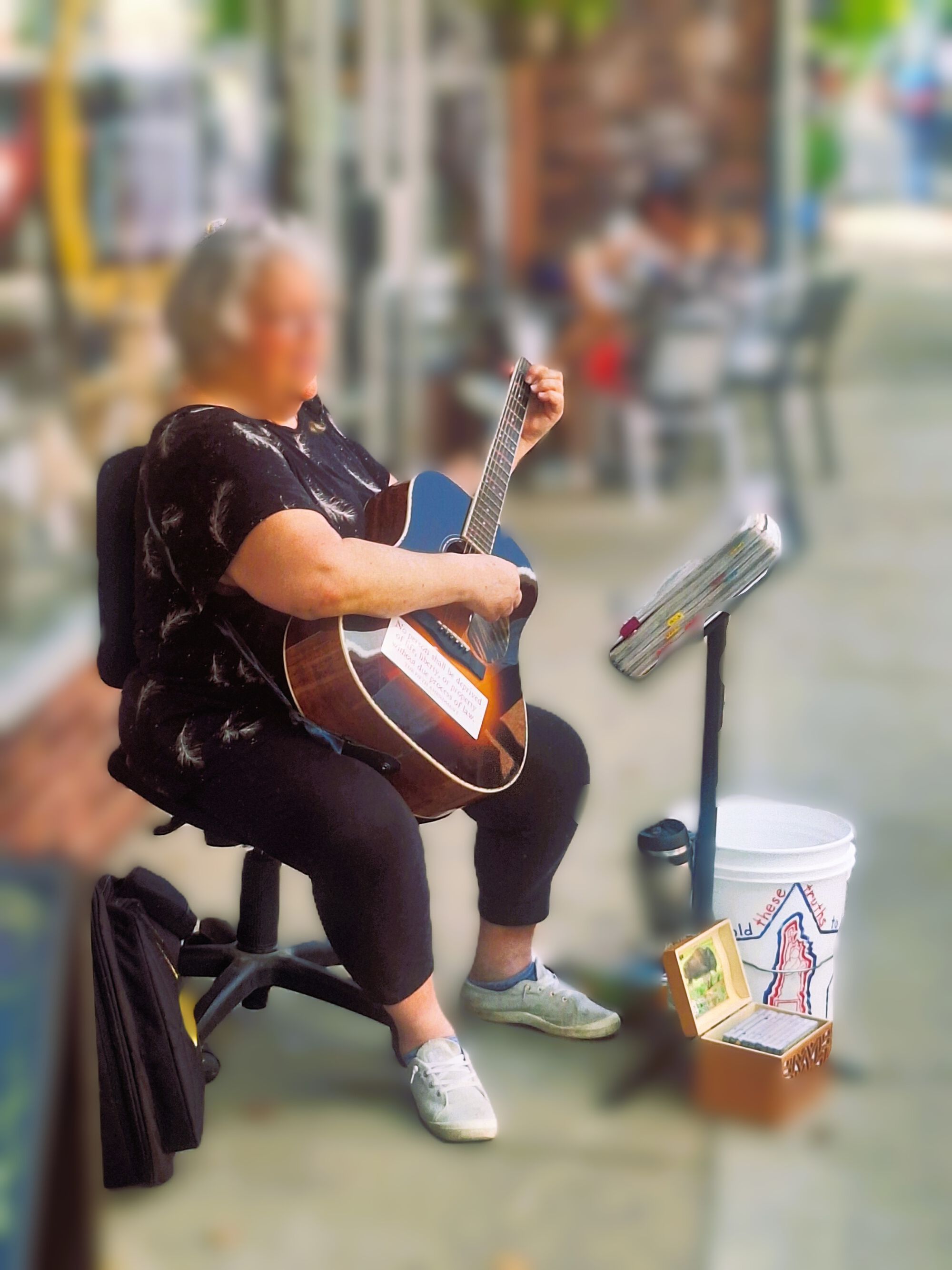 met a new busker in YS today. They've outlawed performing on benches - so she brought her own office chair. For Pete's sake - Buskers and Y.S. are "like peas and carrots!" [Abe Lincoln?]