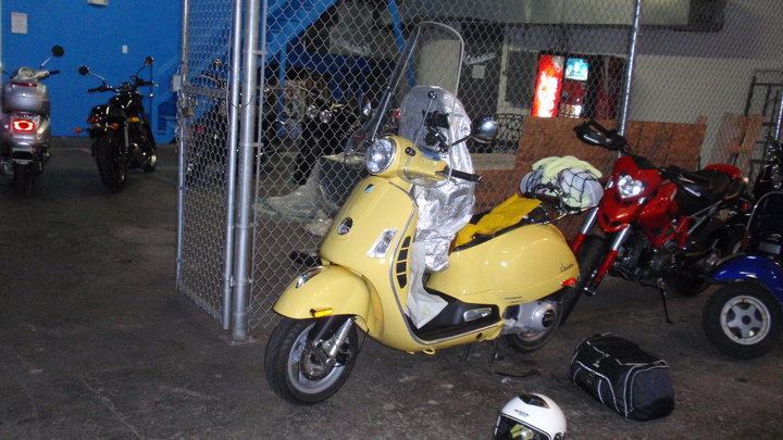 Getting ready to ride out of service shop into the rain.