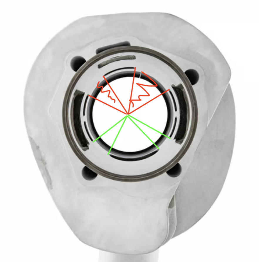 SIP Cylinder: note the equal spacing between the exhaust and main transfers :), but also note the unequal spacing between the main transfers and the boost port on the back wall :(