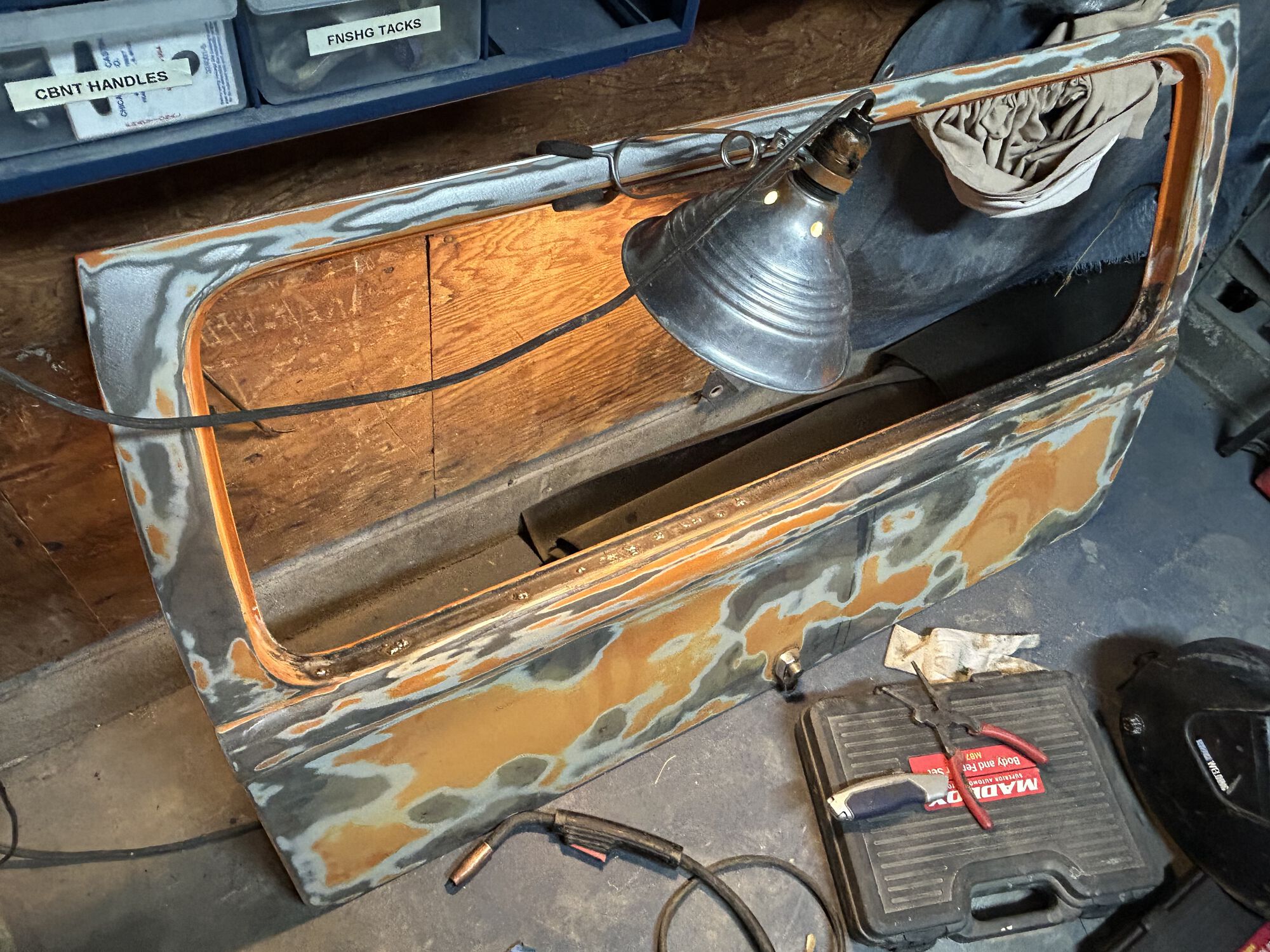 Some rust on the bottom of the window frame. Welded up pitted areas and ready for blasting.