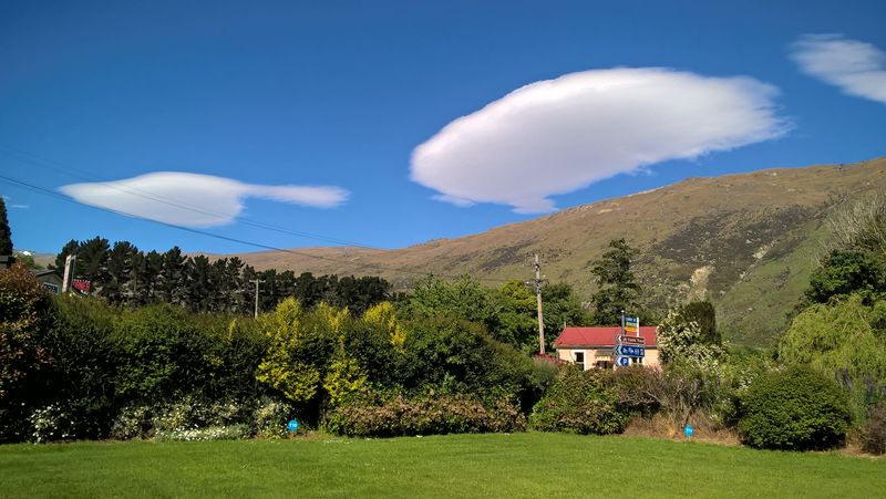 Lenticular clouds above the old Fuckmaster General's Office at Kingston at the bottom of Lake Whakatipu,  Great road from Queenstown through "The Devil's Staircase".  Opened up the "Big Block" and had a race with an adventure bike arou