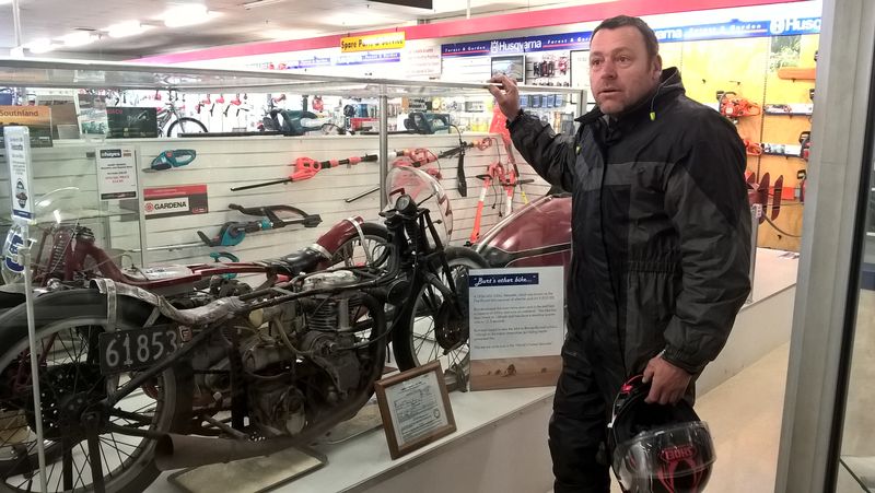 Invercargill at last.  Matt admires Burts other bike.  Over 70 classic race bikes inside E. Hayes Hardware on the main drag.
