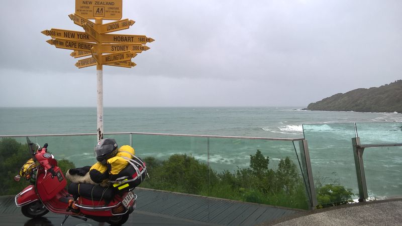 Obligatory photo at Bluff. Due south now to Antarctica. But we're turning around and heading home....