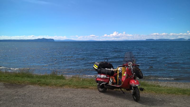 Lake Taupo.  Went from 3 layer of thermals and wet weathers on the Desert Road to to 
 T shirt and leather jacket only.