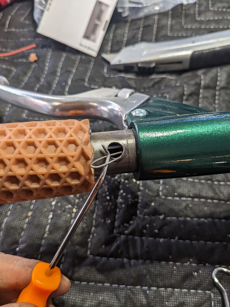 Hole drilled and fish wire in place (1/4" is the minimum size - would recommend at least 5/16" hole)