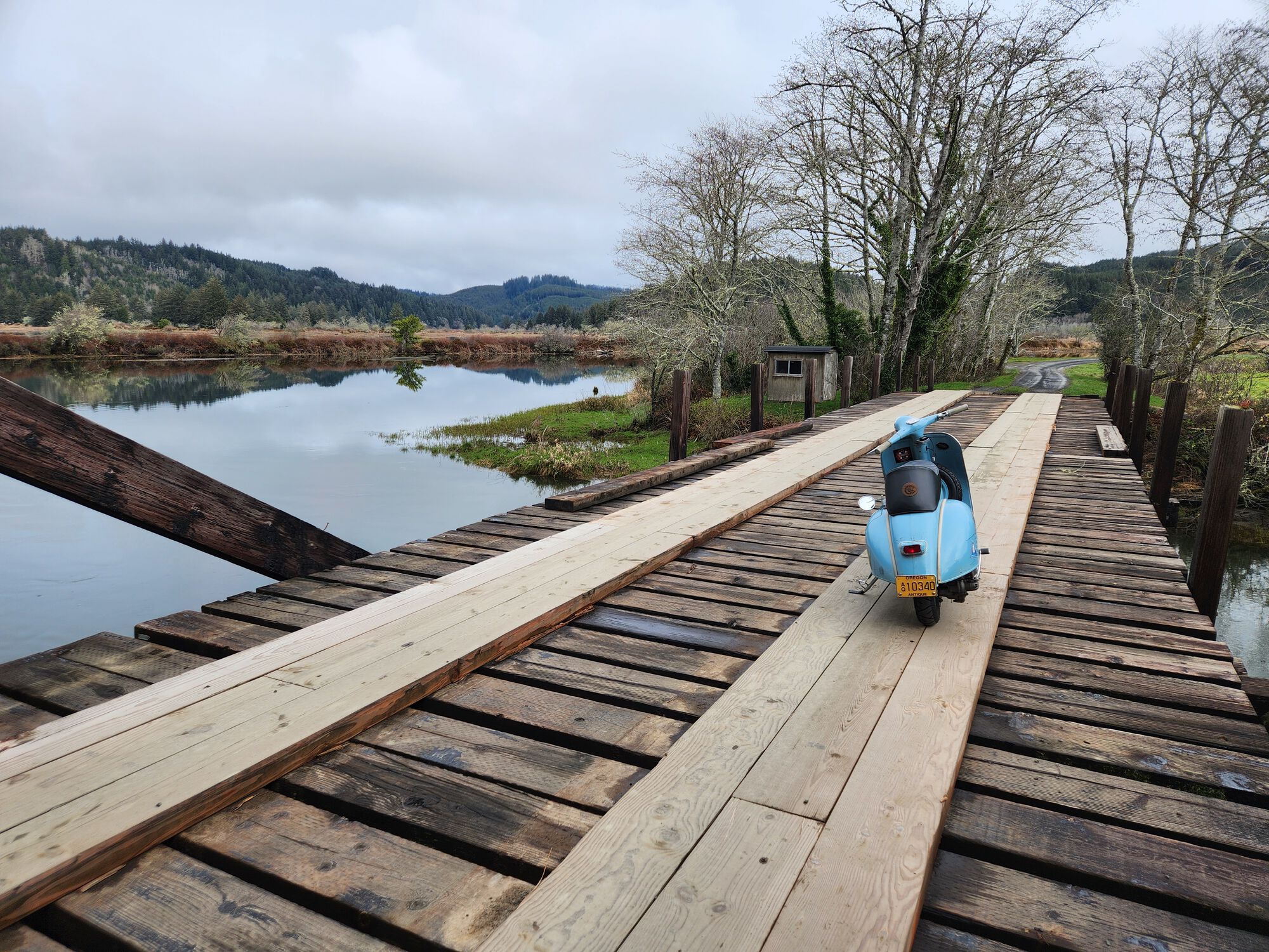 Bridge across a finger of the North Fork, a tributary of the Siuslaw River