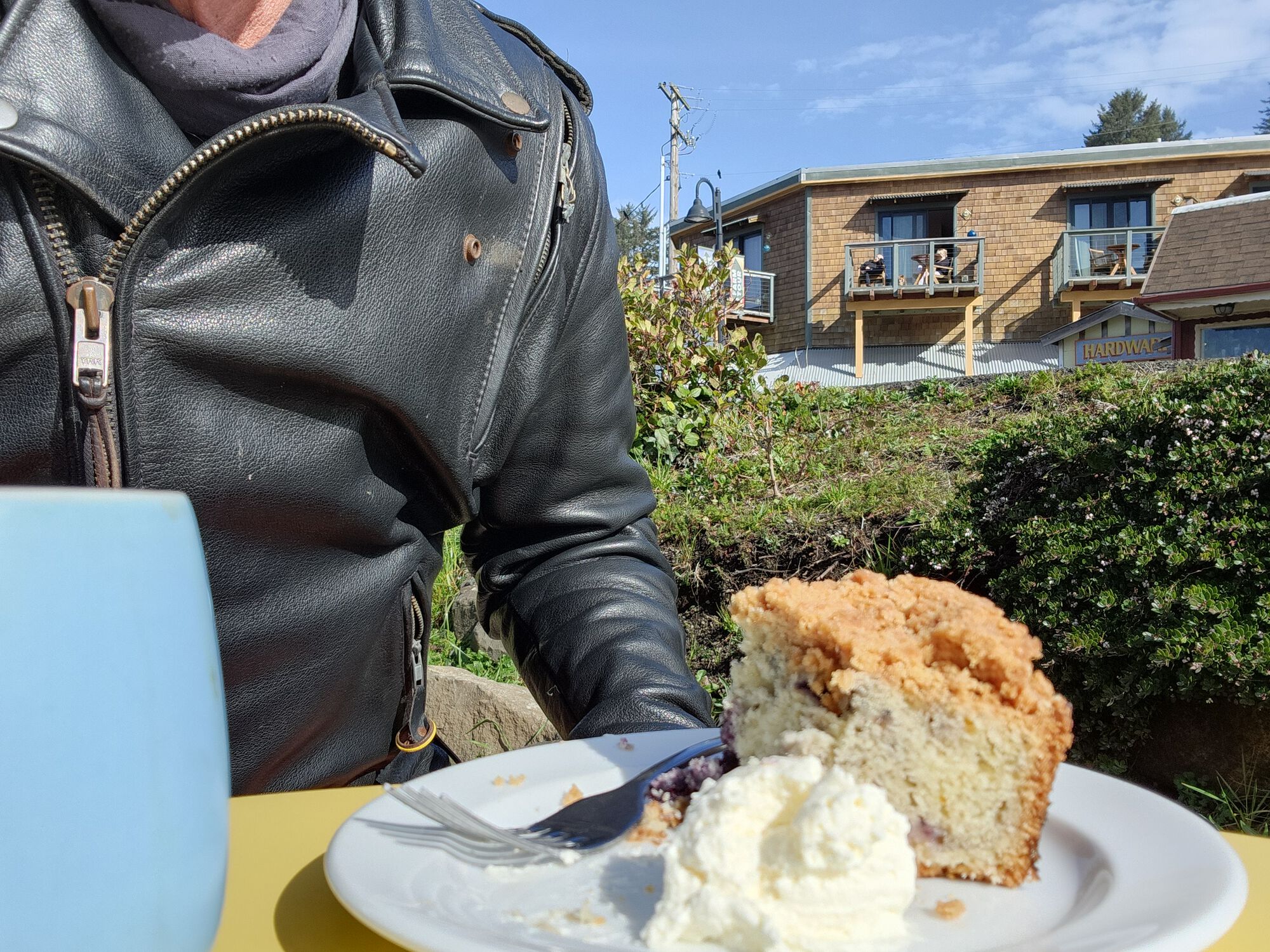 Blueberry coffee cake and a cup of coffee