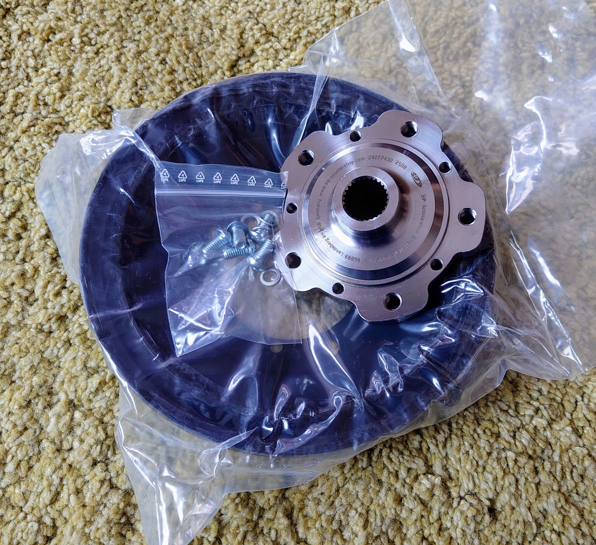 Most excited about this one, the rear 5x86 conversion kit. Contains the hub, steel brake drum and hardware to put it together. Should go nicely along with EBC shoes.