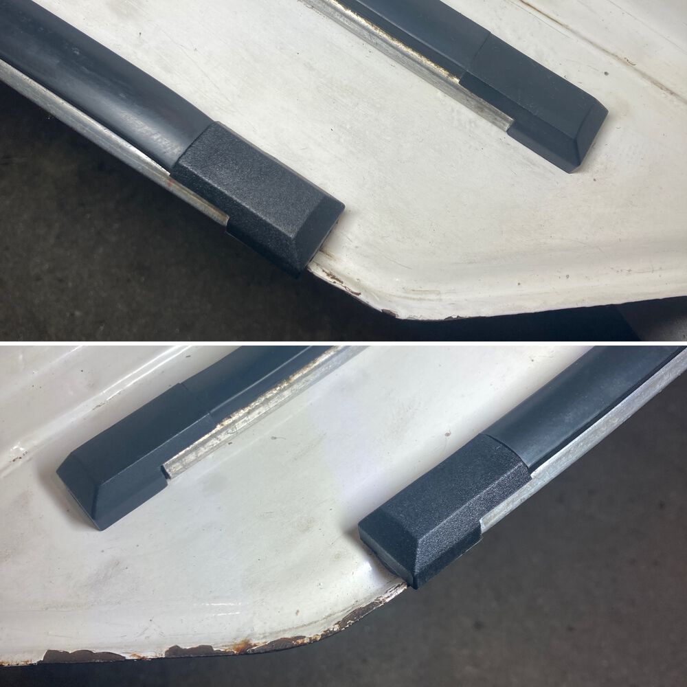 Mounted with rivets new pair of outer floor rails end caps.