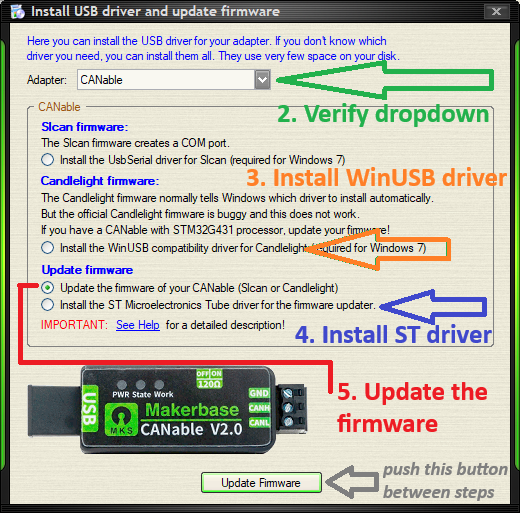 Installing candlelight firmware to CANable v2.0 (Pro) using HUD ECU Hacker charityware (part 2). You'll hit the "UPDATE FIRMWARE" button between each step. The WinUSB and ST drivers also have popup windows.