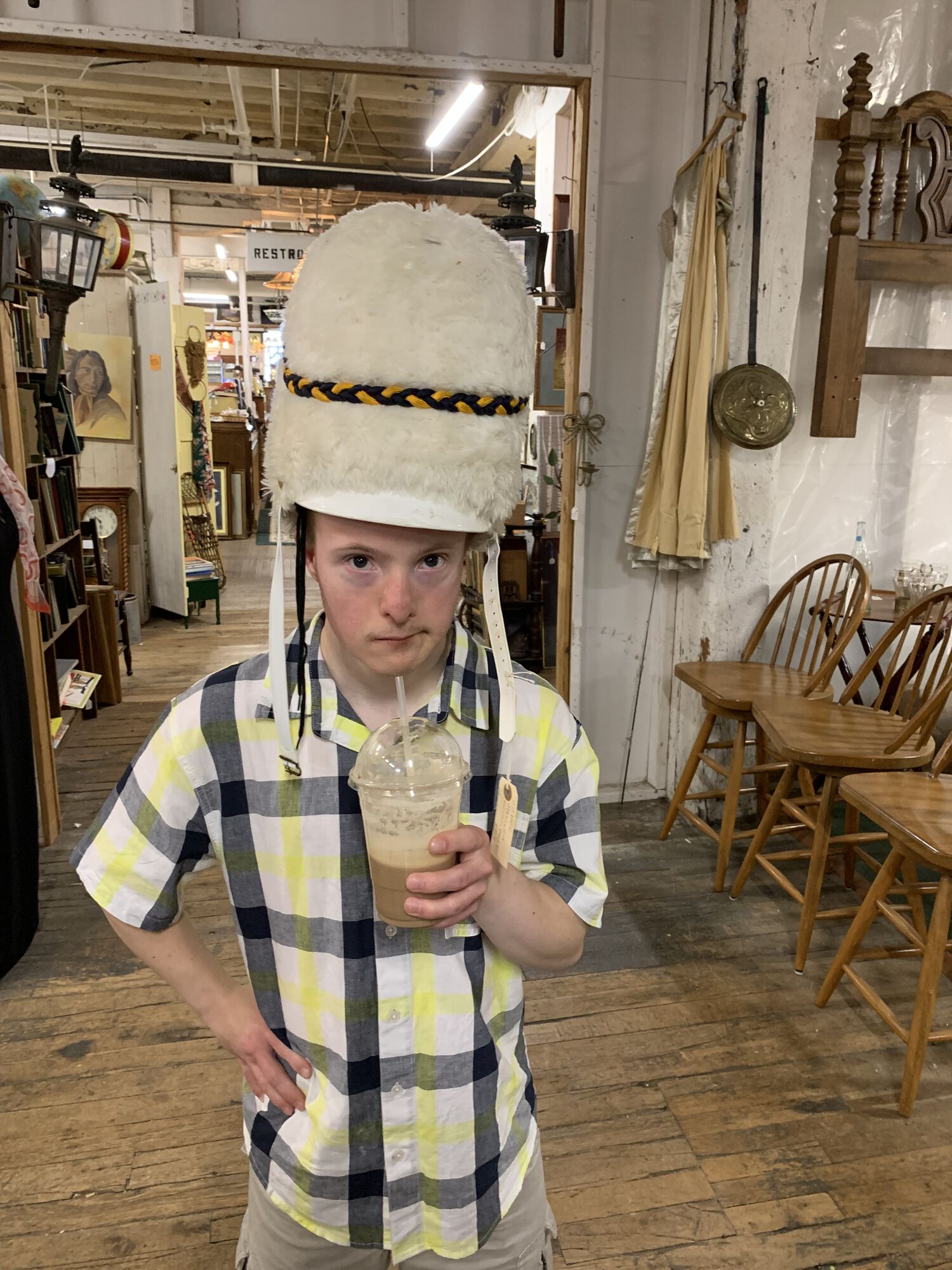 My son at a local antique store, looking very pleased.
